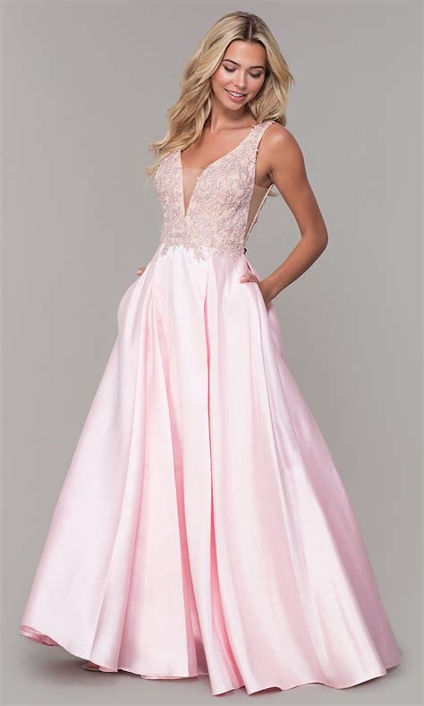 Long V Neck Pink Prom Dress By Dave And Johnny