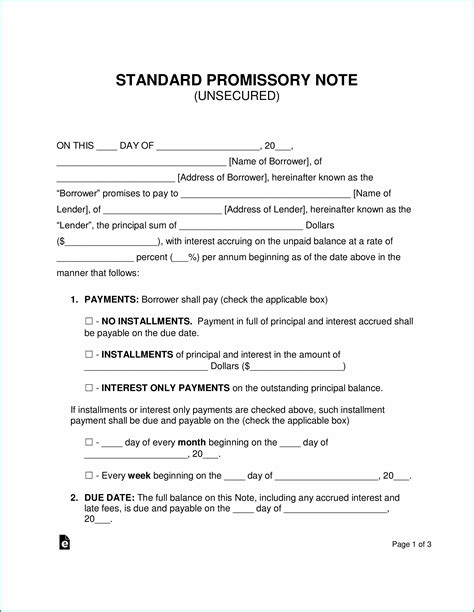 unsecured promissory note lump sum payment template template