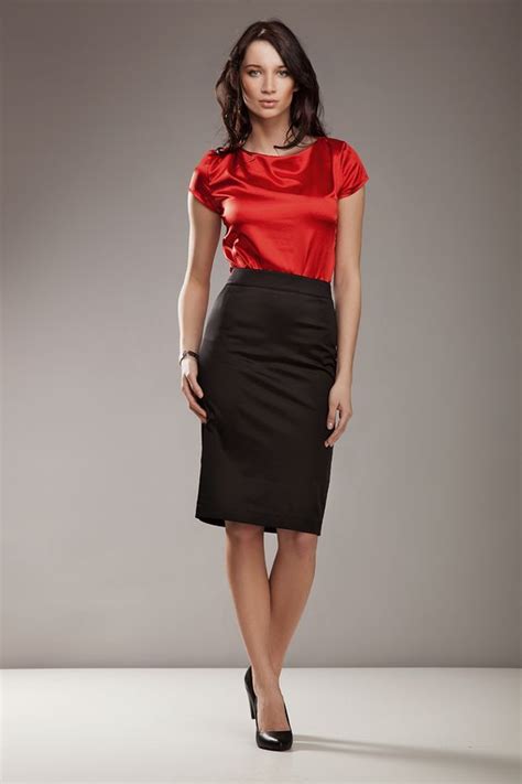 black satin pencil skirt red satin blouse sheer pantyhose