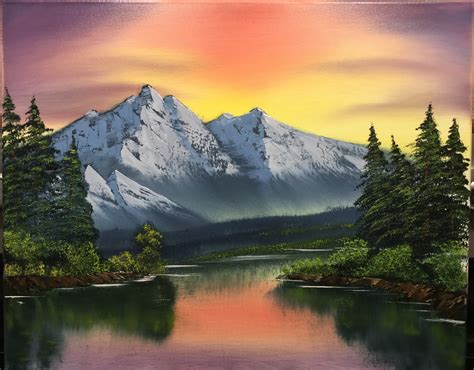 gray mountain painting  vibrant sky majestic mountain  lush