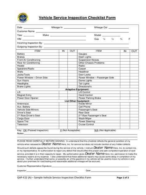 printable vehicle inspection sheet template printable templates