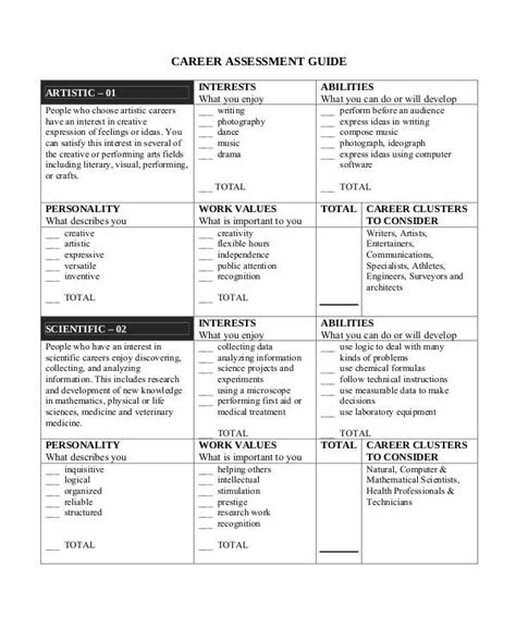 career assessment inventory  printable printable templates