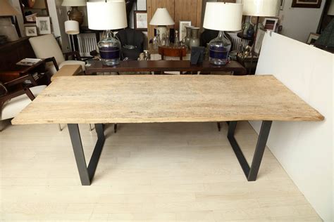 large reclaimed elm wood dining table  steel base