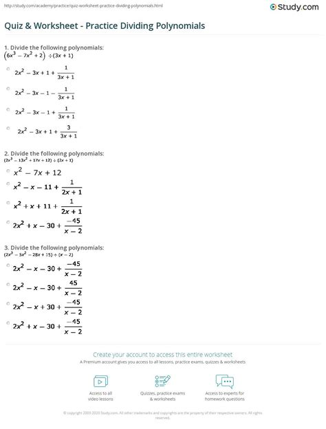division  polynomials worksheet  answer