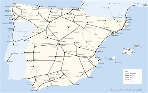 kaart van spanje treinen spoorlijnen en hogesnelheidstrein van spanje