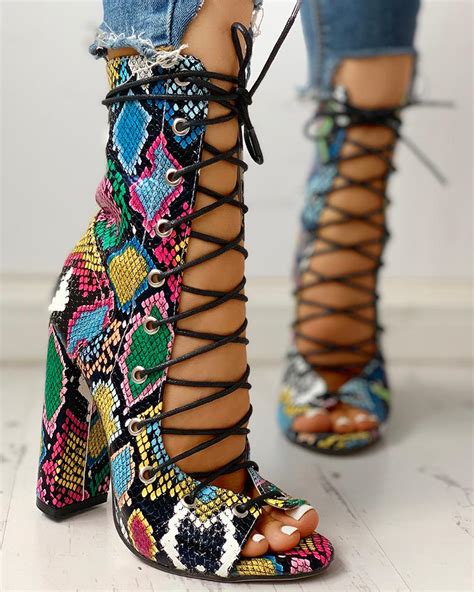 lace  peep toe chunky heeled sandals causal stylish bandage snakeskin