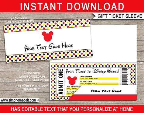 disney gift ticket sleeve template editable printable envelope