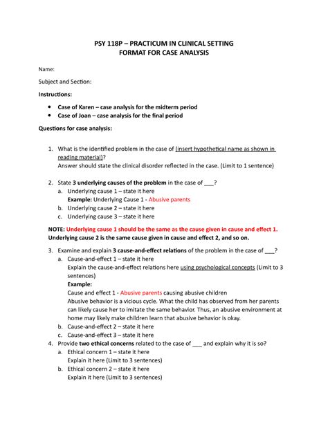 case analysis format psy p practicum  clinical setting format