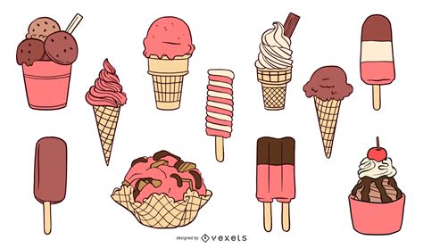 pink ice cream set vector