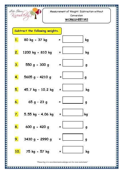 grade  maths worksheets  measurement  weight subtraction