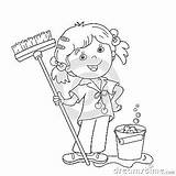 Mop Coloring Cartoon Girl Outline Bucket Chores Vector Doing Kids Housework Stock Drawing Kid Book Floors Washing Pages Clip Template sketch template
