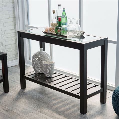 Black Console Table Sofa Entryway Furniture Glass Top Wood