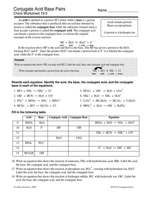 conjugate acid base pairs worksheet  acid chemistry