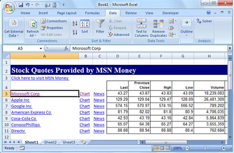 stock quotes  excel