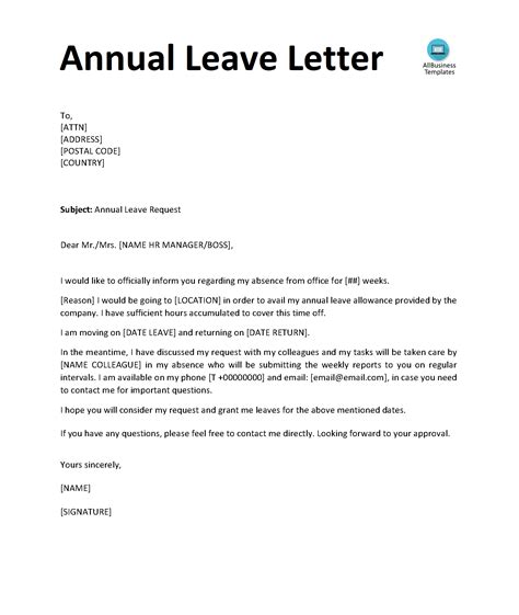 annual leave letter templates  allbusinesstemplatescom