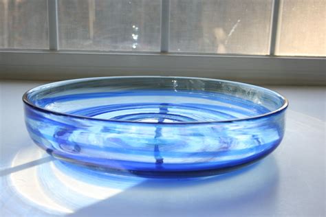 Hand Blown Glass Bowl Aquamarine And Cobalt Blue Swirl Extra Etsy