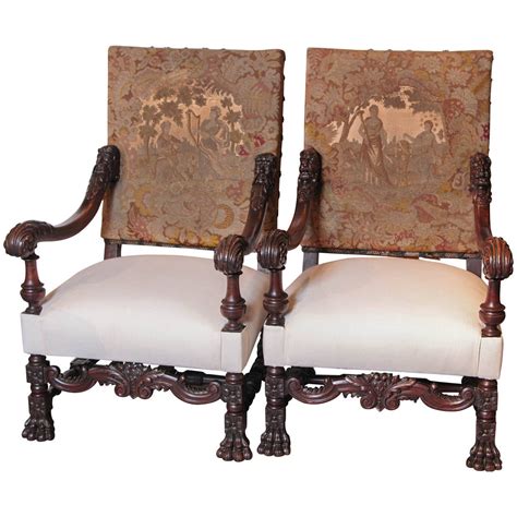 pair  antique louis xiv style walnut wood armchairs