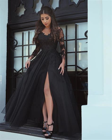 said mhamad 2018 black prom dresses with long sleeves lace appliques