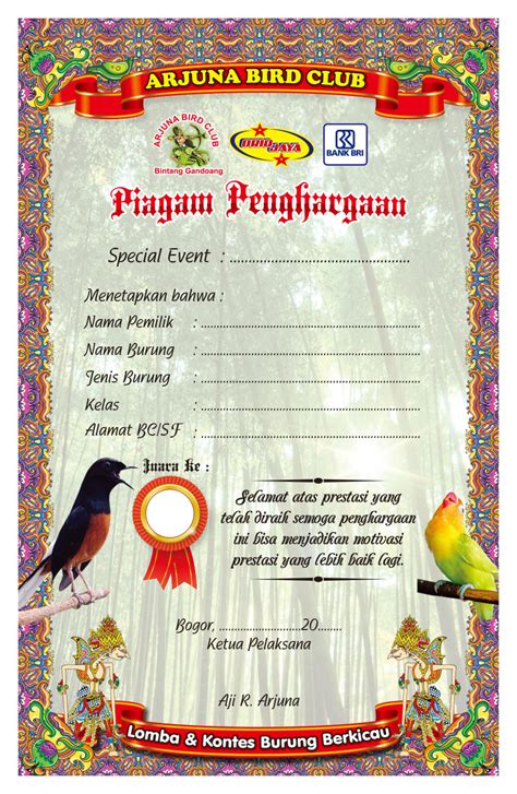 Contoh Desain Piagam Lomba Burung Arjuna Bird Club Contoh Desain Grafis