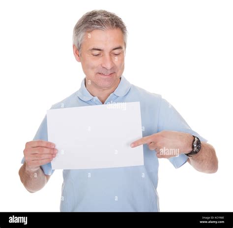 man holding blank paper  white background stock photo alamy