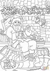 Coloring Pages Santa Fireplace Claus While Drinking Tea Christmas Soaking Cookie Front Holidays Drawing Printable sketch template