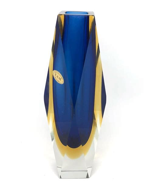 Mandruzzato Blue Yellow Faceted Murano Glass Sommerso Vase