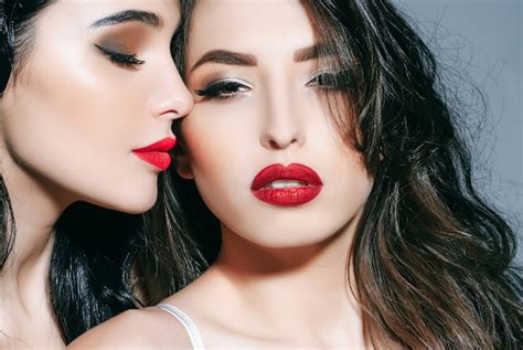 Premium Photo Sexy Sensual Women With Red Lips Lesbian Couple Kiss