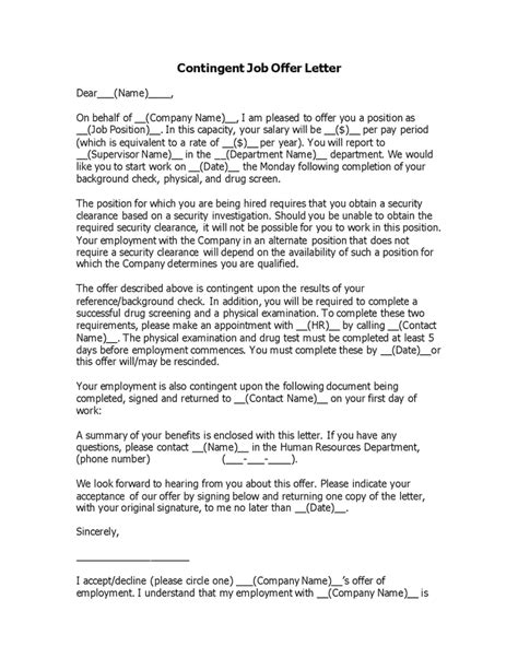 contingent job offer letter  word   formats