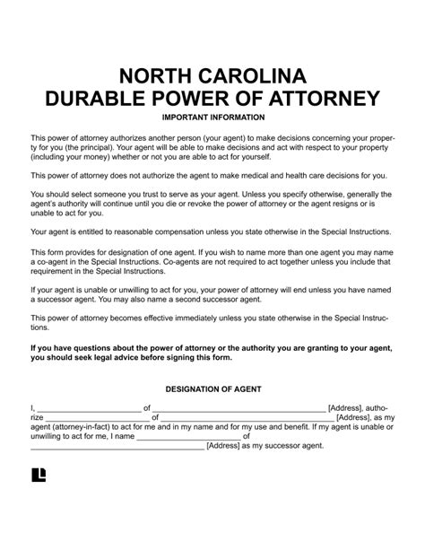 north carolina durable power  attorney form  rhody kristine