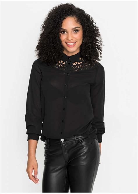 feminine bluse mit lochmuster schwarz