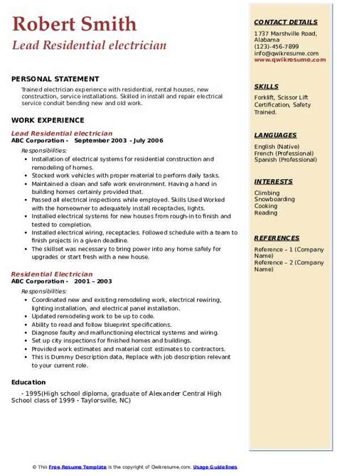 residential electrician resume samples qwikresume