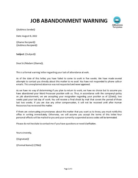 job abandonment warning letter templates  allbusinesstemplatescom