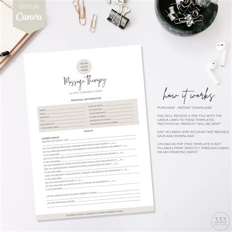 massage intake form client consent form edit  canva spa forms