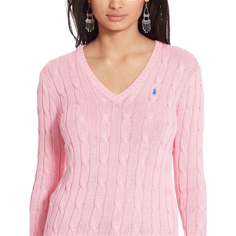 polo ralph lauren cable knit  neck sweater  pink flamingo pink lyst