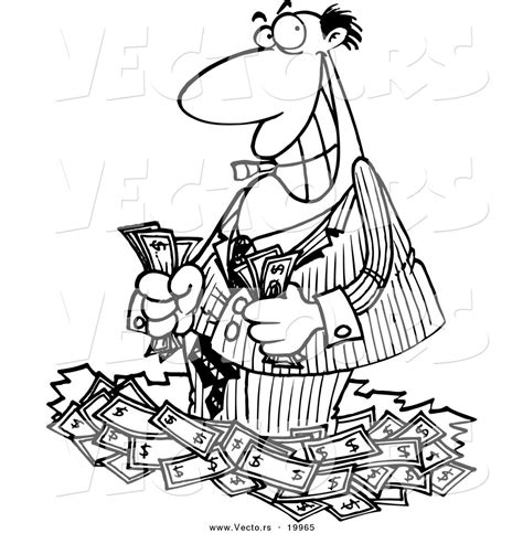 vector   cartoon rich businessman standing  cash outlined