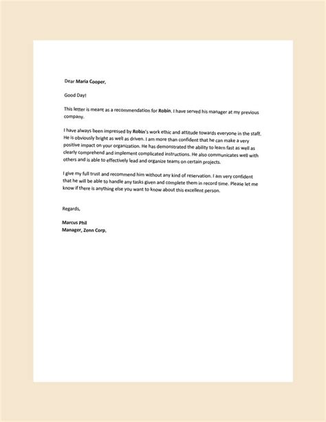 recommendation letter  employee  manager template google docs