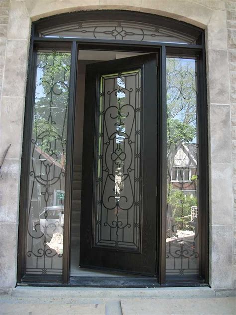 Single Fiberglass Woodgrain Glass Design Front Door With 2 Iron Art
