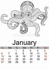 Antistress Octopus January Kalenders Arten Vektorillustration sketch template