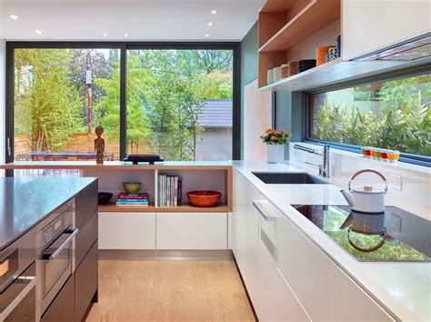 kitchen   shaped  windows   sides   practical island  built
