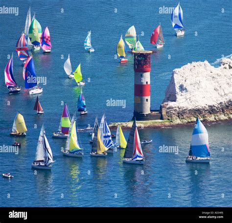 aerial view sailing yachts   needles lighthouse isle  wight uk   island race