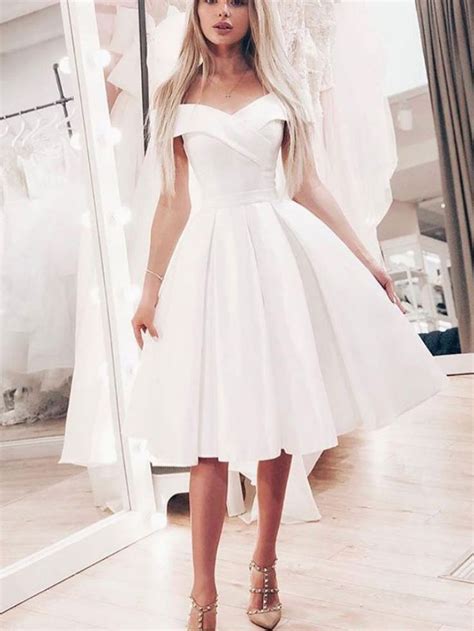 cute     shoulder white elastic satin short prom dresses elegant pleats prom