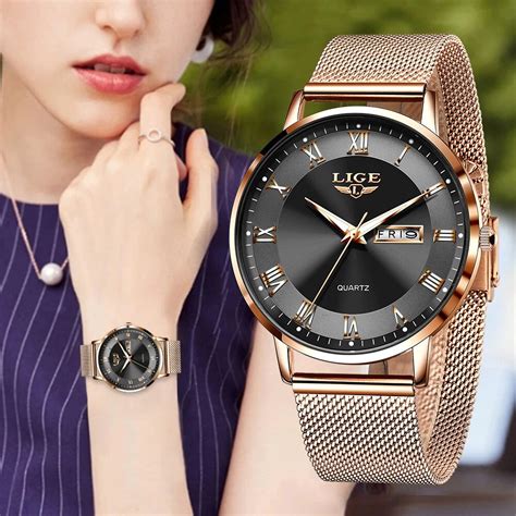 luik vrouwen horloge armband quartz uurwerk eenvoudige waterdicht rose goud rvs mesh dames