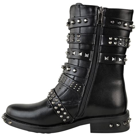 womens ladies studded flat ankle boots spikes biker punk chunky winter