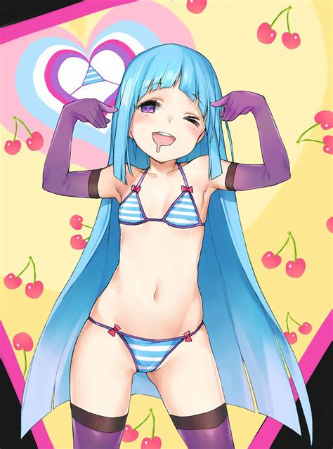 rule 34 d bare shoulders bikini blue hair blush cherry