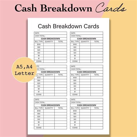cash breakdown count sheet printable cash breakdown cards  cash withdrawal slip money