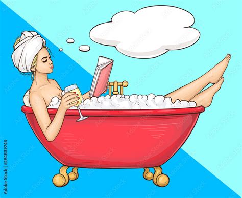 woman having bath in bathtub with book wine glass and speech bubble