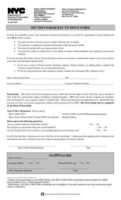 york city section  request  move form  printable  templateroller