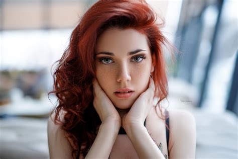Women Model Redhead Long Hair Looking At Viewer Freckles Face