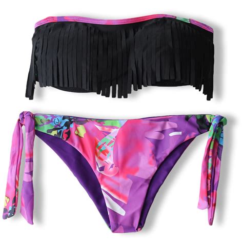 2017 Sexy Lady Black Fringe Floral Bandeau Biquini Beach Swimsuit Swim