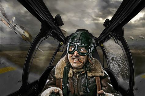 creative portrait composite representing wwii pilot  cockpit london